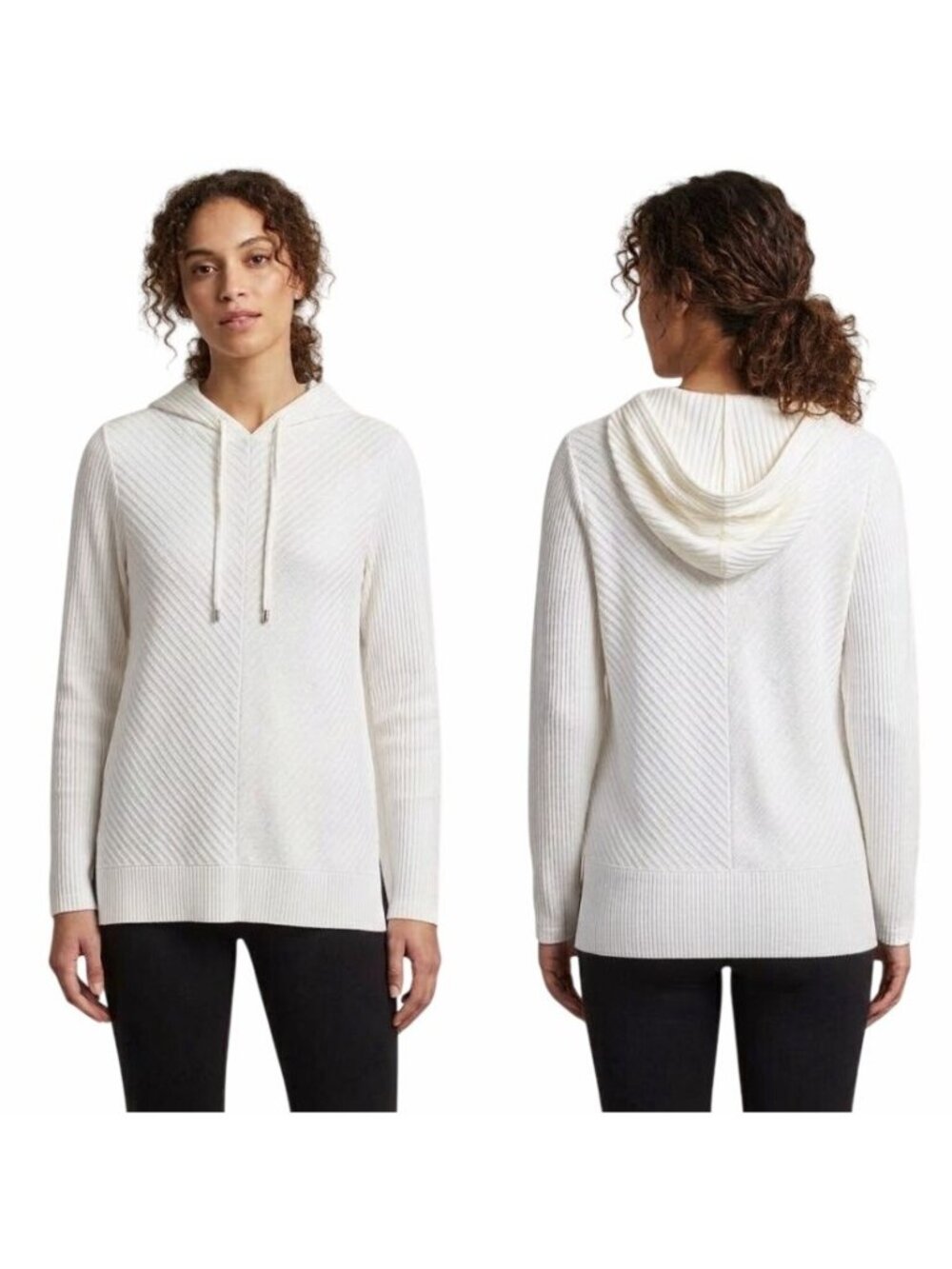 ❤️Nine West Women's Ivory Hooded Tunic Sweater Longline Textured Cable Knit Sz S